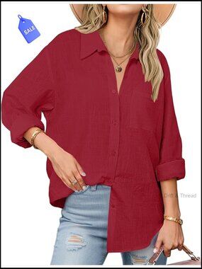 Long Sleeve Cotton Gauze Button Down Shirt Loose Fit Collared Blouse